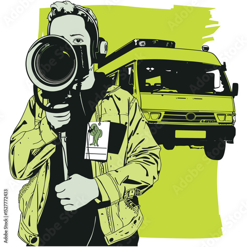 Illustration of Cameraman Filming with News Van in Background