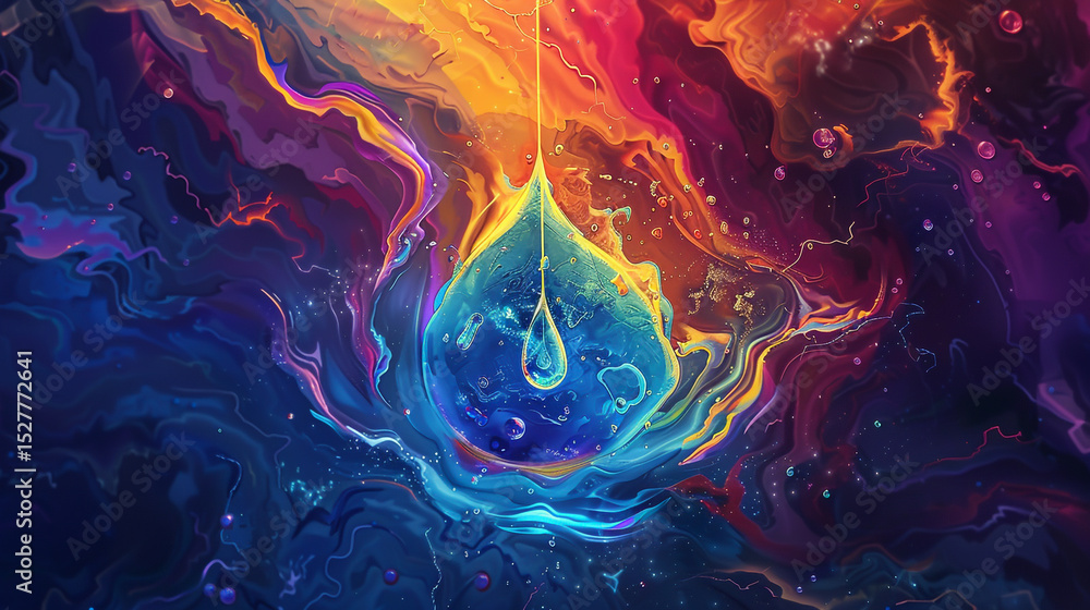 Fototapeta premium Energetic Droplet Design with Vivid Colors and an Energy Symbol Inside, Reflecting Hydration Benefits, Electrolyte Homeostasis, and Sustained Vitality