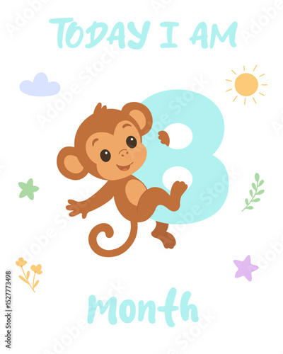 Wallpaper Mural Monkey eight month milestone illustration. Baby growth chart design. Cute animal birthday number art Torontodigital.ca