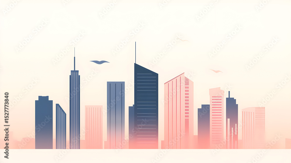 Fototapeta premium Skyline Silhouette: An atmospheric cityscape, with towering skyscrapers and architectural structures outlined against a pastel sky, evoking a sense of modern urbanism and serene beauty.