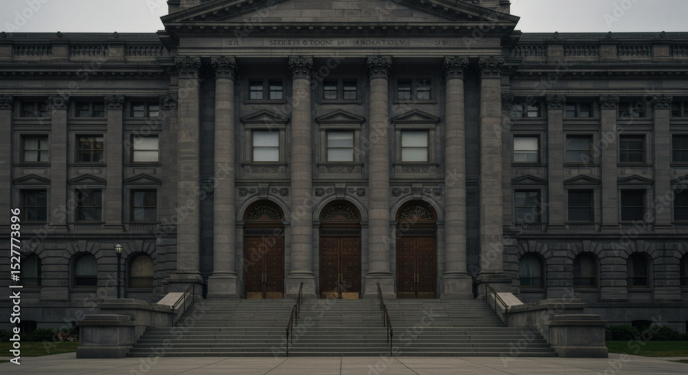 Obraz premium The imposing, symmetrical facade of a classic, institutional stone building under a dark, overcast sky. A moody concept of government or authority. 