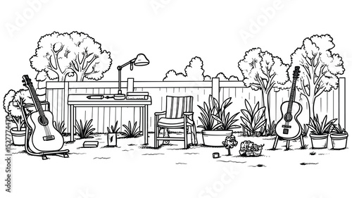 Garden Workshop Scene with Plants and Tools in Blue Line Art Style