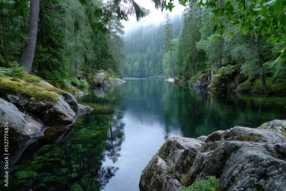 Obraz premium Calm lake reflecting dense forest in misty mountains during early morning