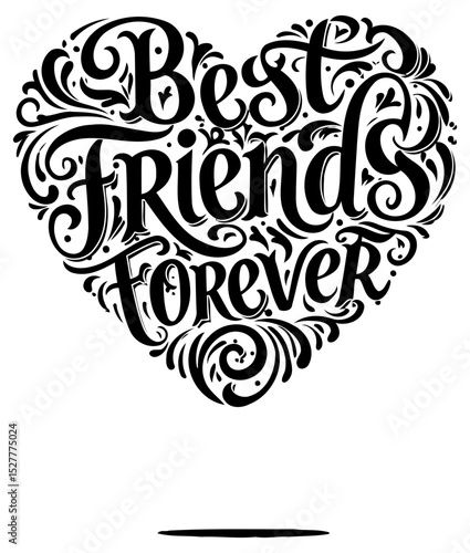 Best friends forever heart-shaped graphic design with decorative swirls. Design element for merchandise. stationery. or greeting cards.