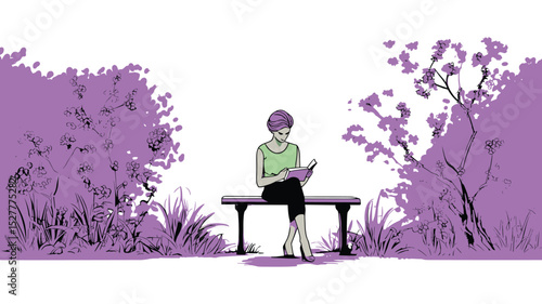 Woman Reading Book Alone in Garden Illustration