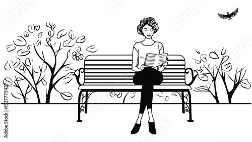 Woman Reading Book Alone in Garden- line art Illustration