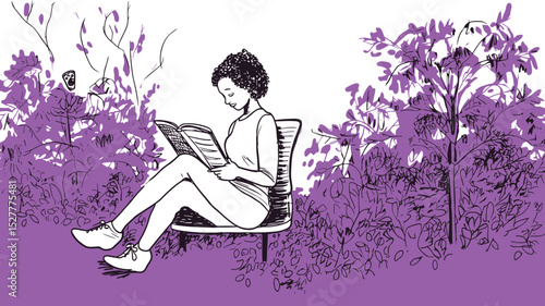 Woman Reading Book Alone in Garden Illustration