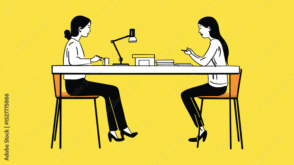 Two Women Talking at Desk in Minimalist Yellow Office Illustration Two Women Talking at Desk in Minimalist Yellow Office Illustration