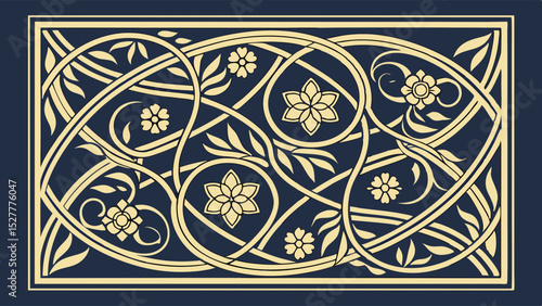  Islamic vector pattern with intertwining lines and floral motifs (arabesque). Gold on dark blue, hand-carved wood detailing