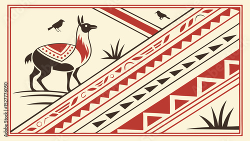 Vector Andean geometric print stepped lines, birds and alpaca in red, white and black. Traditional weaving style