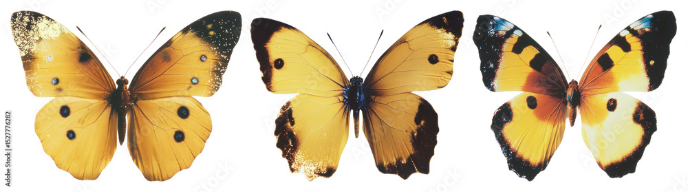 Fototapeta premium PNG Vibrant yellow butterflies in flight, element set on transparent background