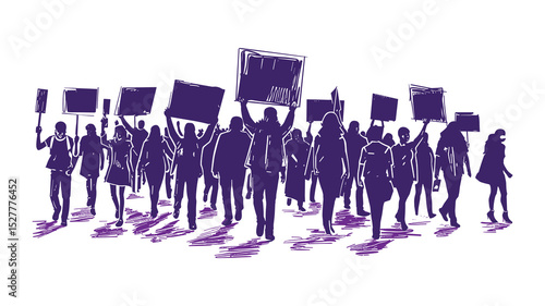 Silhouette of Protesters Holding Signs in a Peaceful Demonstration – Purple Toned Illustration
