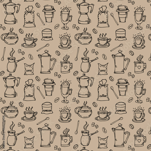 Seamless pattern with tea and coffee theme, hand drawn in cartoon style.