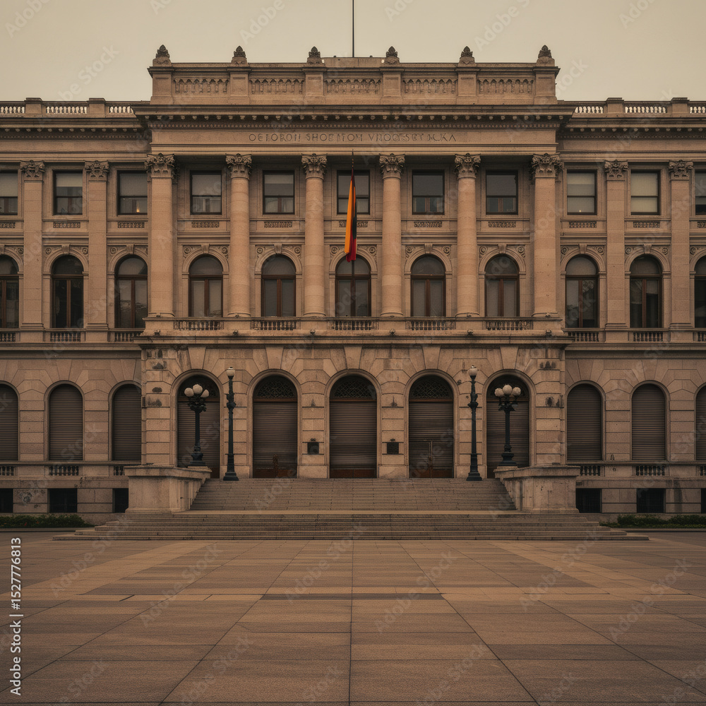 Fototapeta premium The grand, symmetrical facade of a historic neoclassical building with columns and intricate details. A concept of government, education, or finance. 