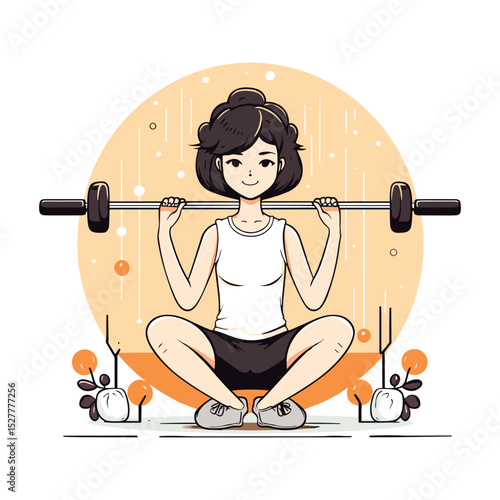 Cute Cartoon Woman Lifting Barbell in Squat Position
