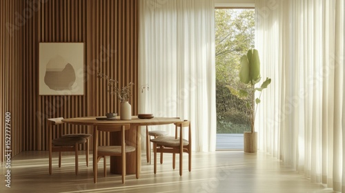 Interior design dining room area with wooden furniture and artwork