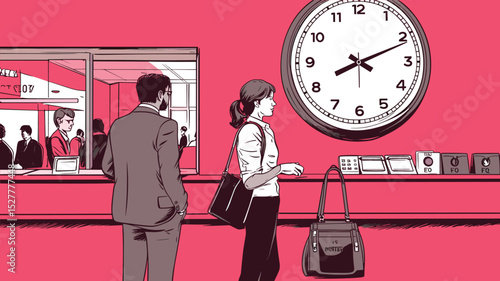 People Waiting at Bank Counter with Wall Clock
