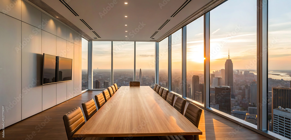 Fototapeta premium Stunning Cityscape View from Modern Boardroom