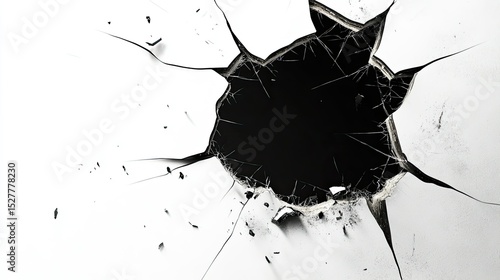 Fototapeta Naklejka Na Ścianę i Meble -  3D hole in a white, cracked wall with a black background. Shattered glass effect and flying debris on an isolated white background