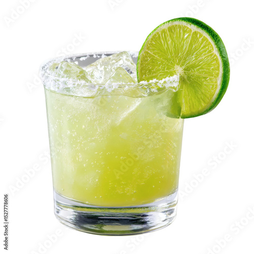 Refreshing Lime Margarita Cocktail in a Rocks Glass with Salt Rim and Ice Cubes