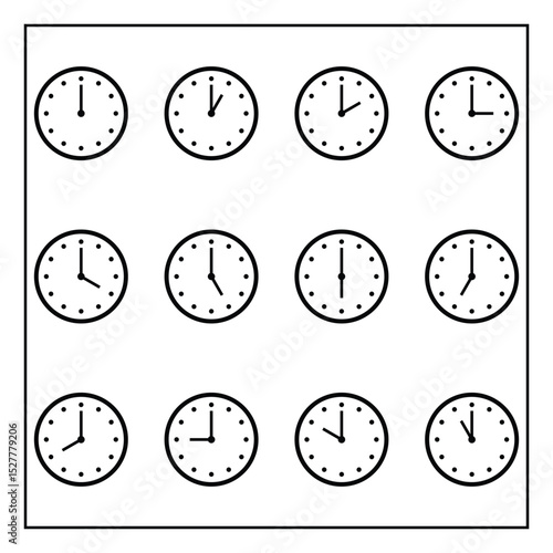 Clock flat icon. clock icon vector design. Set of clocks for every hour. clock icon set 1 to 12 Hours.