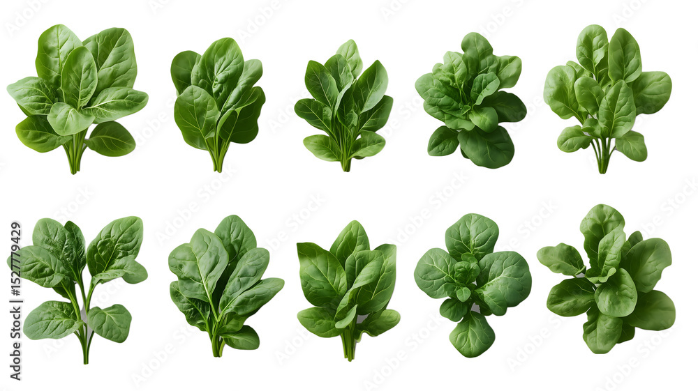 Fresh green spinach bunches isolated on a black background representing healthy eating and nutrition isolated on white transparent background