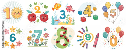 Collection of colorful numbers one to ten with playful designs for children's education and creativity