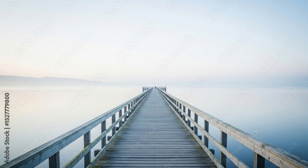 Naklejka premium A weathered wooden pier stretches into a soft mist over calm waters, blending sky and sea in a serene, endless horizon at dawn or dusk.