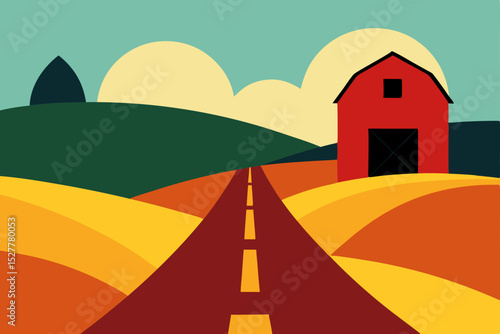 Rustic Countryside Road Trip Scenic Farmland and Red Barn Illustration