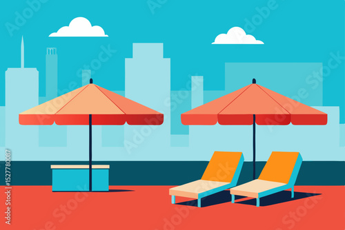 Urban Rooftop Oasis Relaxing Loungers and City Views Under Summer Umbrellas