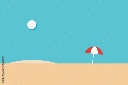 Minimalist Beach Scene Sun, Sand, and a Red and White Umbrella