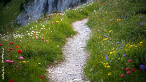 Serene hiking trail winding through the Dolomites with dramatic limestone peaks and wildflowers in bloom, no people