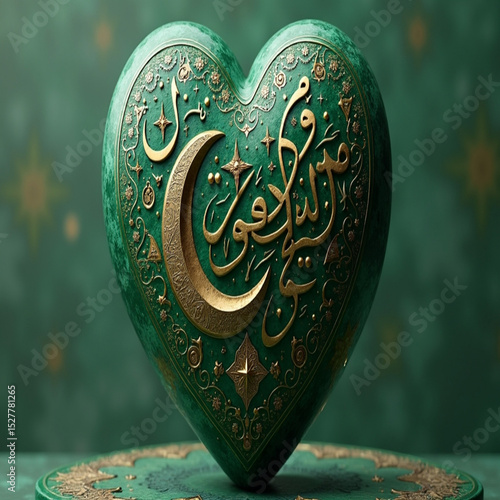 Green heart with islamic calligraphy and crescent moon design