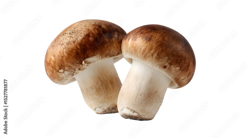 Two freshly harvested brown mushrooms showcasing organic culinary ingredients and natural food isolated on white transparent background Two freshly harvested brown mushrooms showcasing organic culinary ingredients and natural food isolated on white transparent background