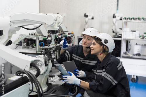 Educational automation robotics. Robotic assembly and invention. Robotics training, setup, installation AI robot and learning. Engineer control, training education robots in workshop