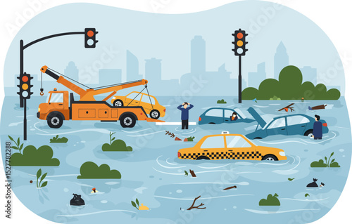 Vector illustration of floods that hit the city several cars broke down and were flooded