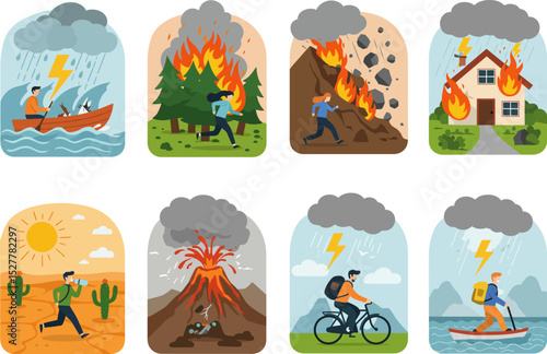 Vector illustration of eight types of natural disasters and human survival in the midst of disaster
