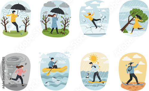 Vector illustration of various humans surviving in the midst of a natural disaster