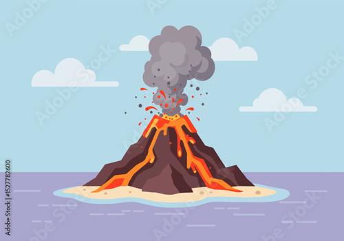 A volcano erupted violently in the center of the island, vector design illustration