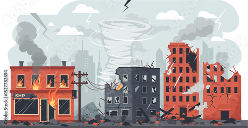 Vector illustration of the impact of tordano building destroyed