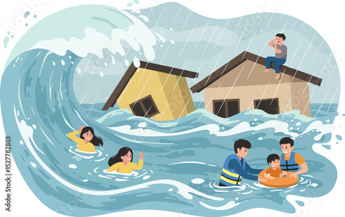 Floods that hit people's homes and are evacuating them. Flat vector design illustration