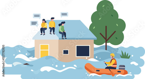 Natural disaster flash floods that hit people's homes, flat vector design illustration