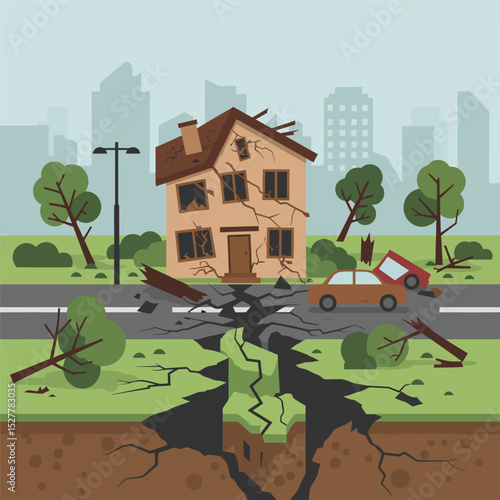 Flat vector cartoon of a city with houses affected by an earthquake