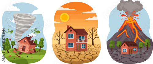 Vector illustrations three types of natural disasters tornado, drought, and volcanic eruption