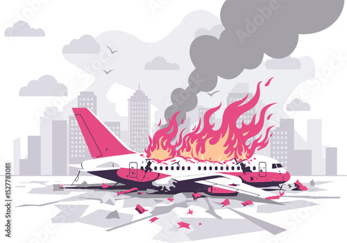Flat vector illustration airplane crashed and burned in the middle of the city