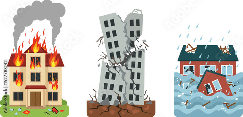 Flat vector design three types of disasters with earthquake, fire, and flood.