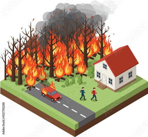 Cartoon illustration of a house on a green hill with a burning forest, flat vector isometric design