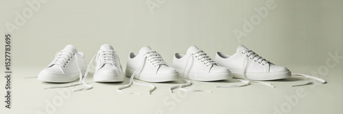 Five white leather sneakers with untied laces are arranged in a dynamic line against a soft gray background with subtle shadows