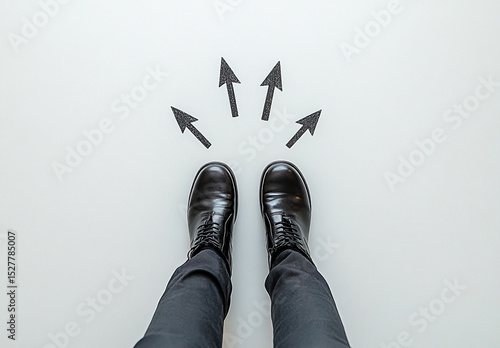 A businessman stands on several arrows fanning out in different directions, capturing the moment of choice and the challenge of making decisions.