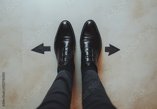 A businessman stands on several arrows fanning out in different directions, capturing the moment of choice and the challenge of making decisions.
